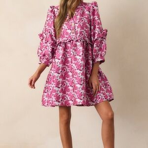 Red Dress Waves of Roses Pink Floral Puff Sleeve Mini Dress Size LL / Pink